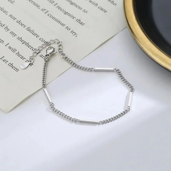 925 Sterling Silver Dainty Bar Link Chain Bracelet Minimalist Bar Thin Bracelet - Picture 1 of 5